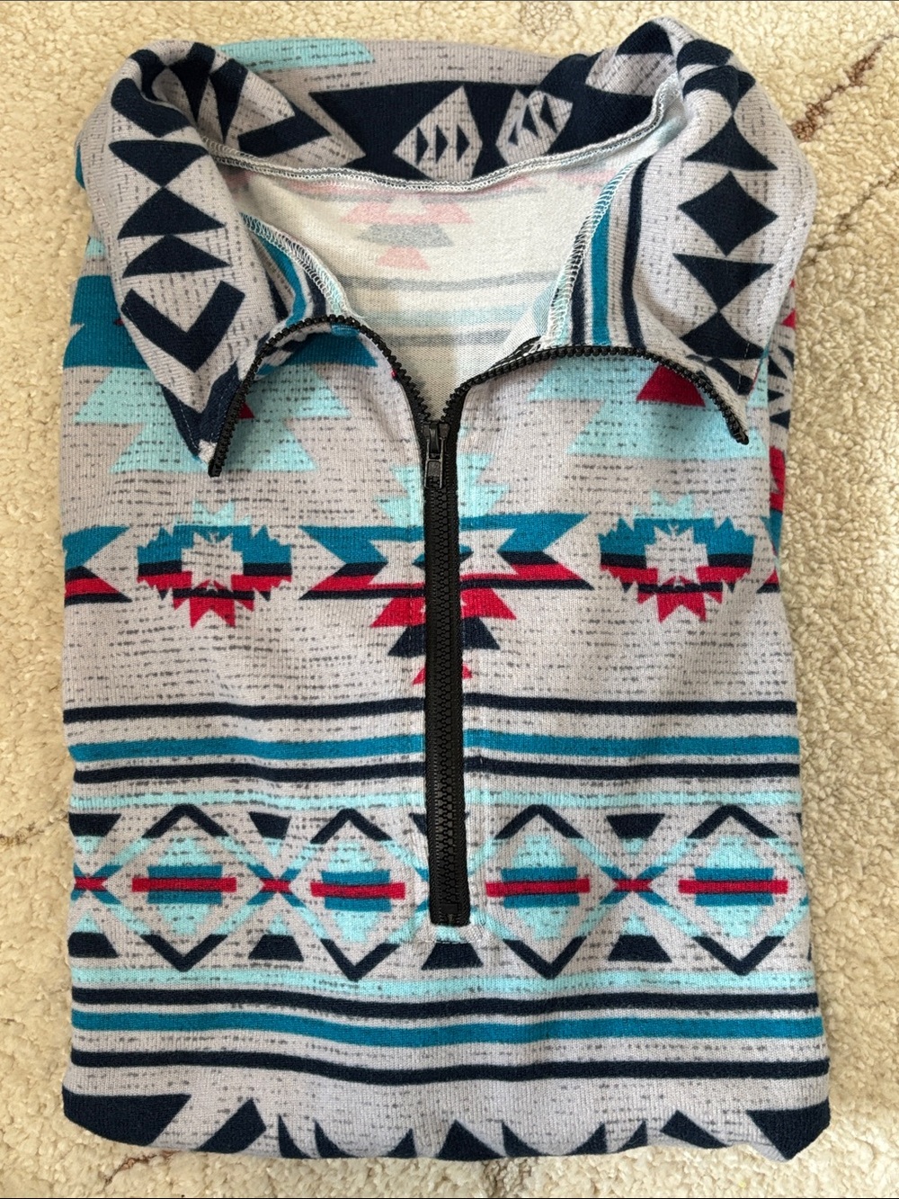 Aztec Print Quarter-Zip Pullover Top - Teal & Gray - Picture 3 of 4